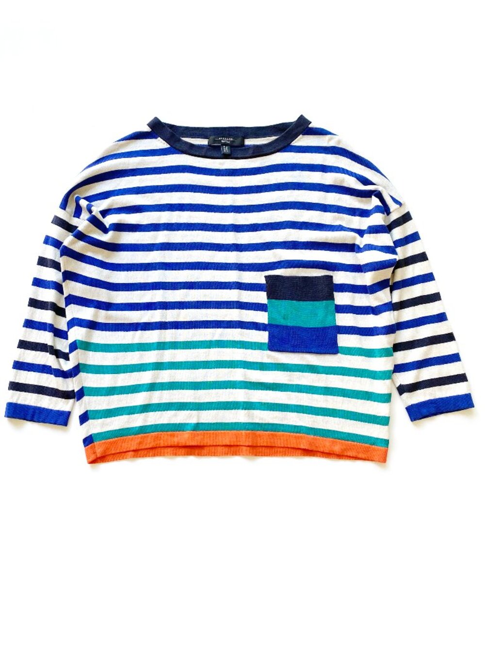 Weekend MaxMara Sweater Striped Fine Knit Size M/L Pocket White Blue Teal Orange